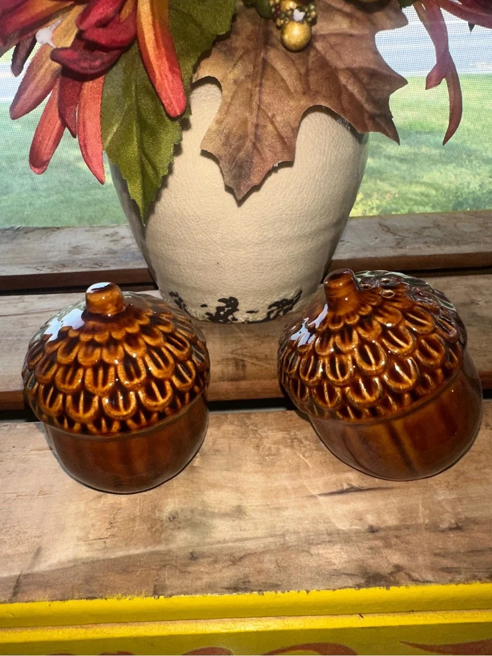 Ceramic Textured Acorn Salt and Pepper Shakers - Brown Glaze. - New